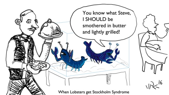 a cartoon of lobsters in a tank in a restaurant, one of which has developed Stockholm Syndrome